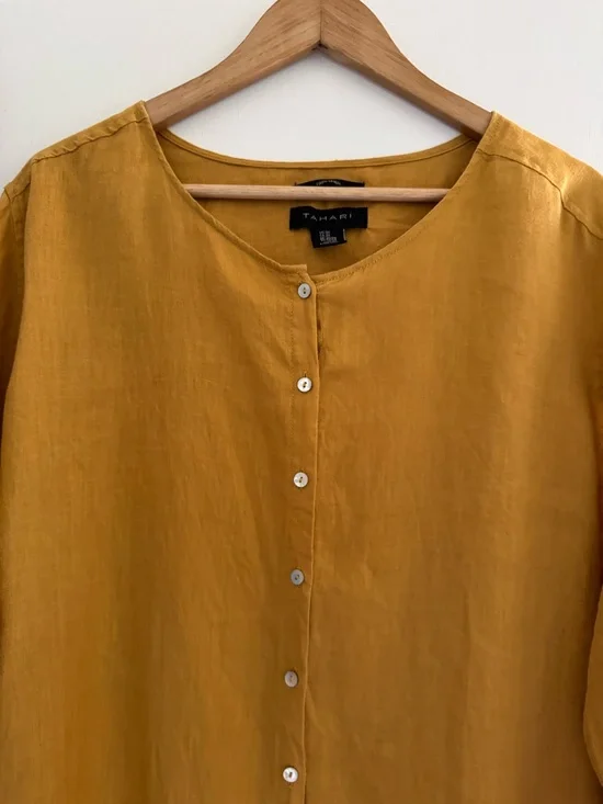 Minimalist Linen Button Blouse Mustard Oversized Relaxed Capsule - Picture 2 of 10